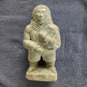 Vintage Inuit Seal Hunter Soapstone Figurine 8.5" Hand-Carved Eskimo Seal Hunter